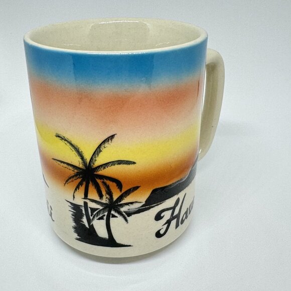 Hawaii Stoneware Vintage Mug Sunset Beach Palm Trees Silhouette Coffee Cup EUC - Picture 2 of 7